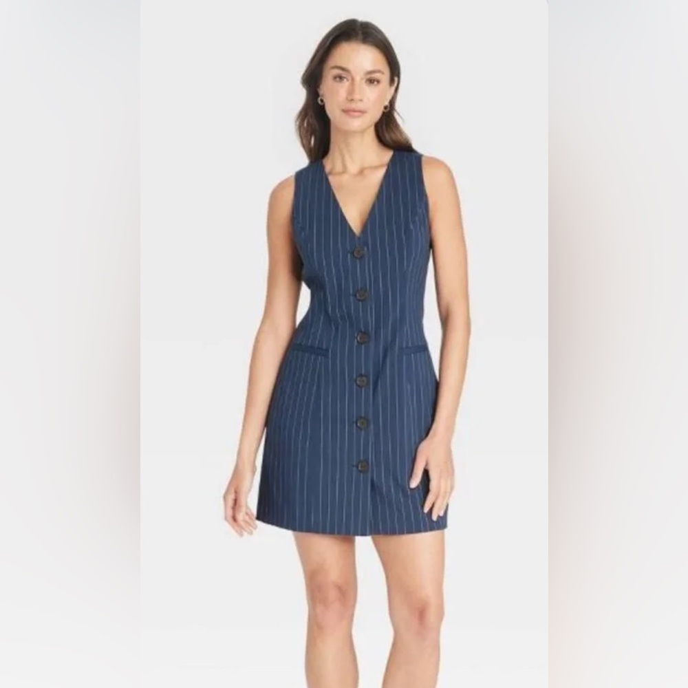 A New Day - Navy Blue Pinstripe Sleeveless Dress -L